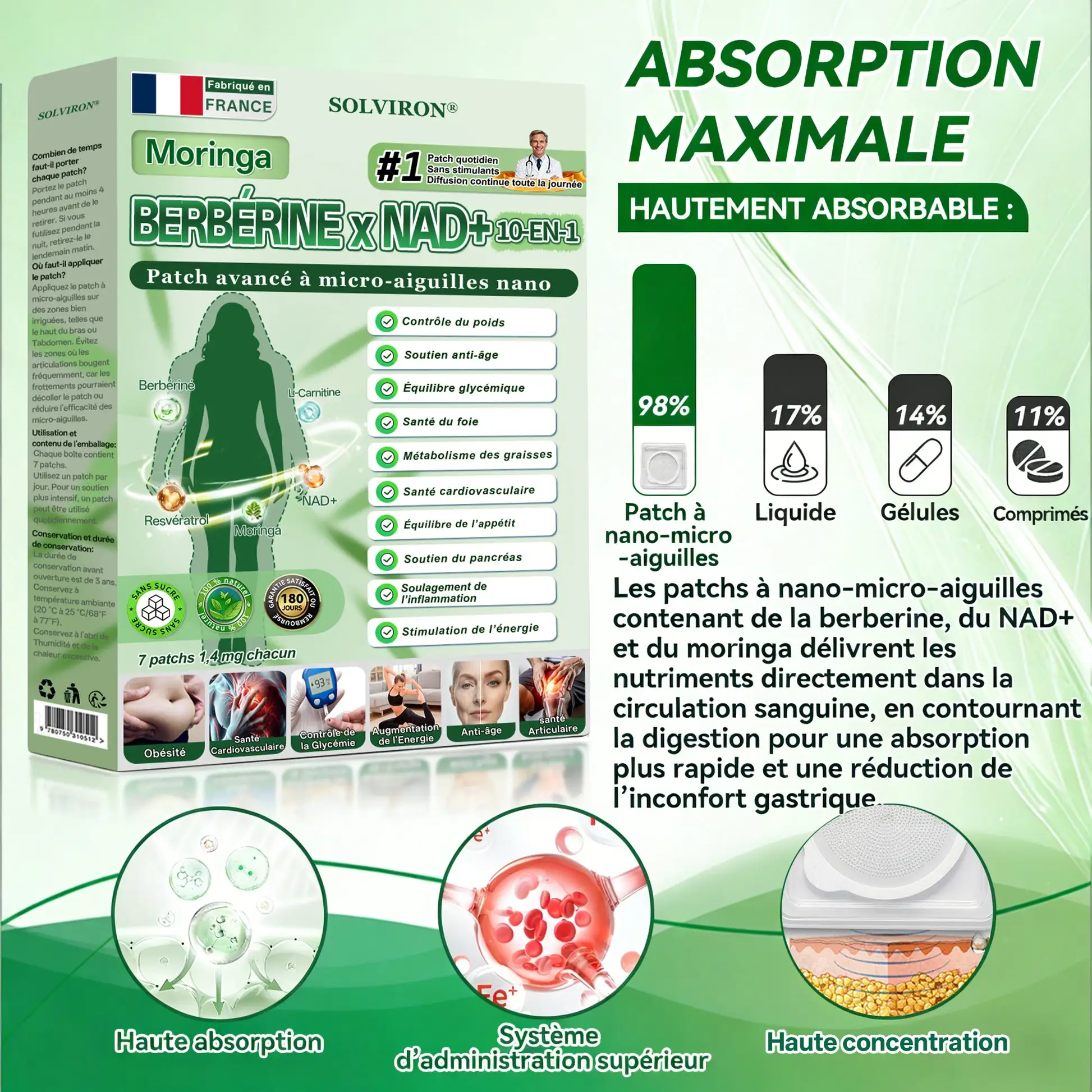 MARQUE
OFFICIELLE
𝐒𝐎𝐋𝐕𝐈𝐑𝐎𝐍®
Version améliorée à large couverture
Patch avancé nano
à micro-aiguilles 10-en-1